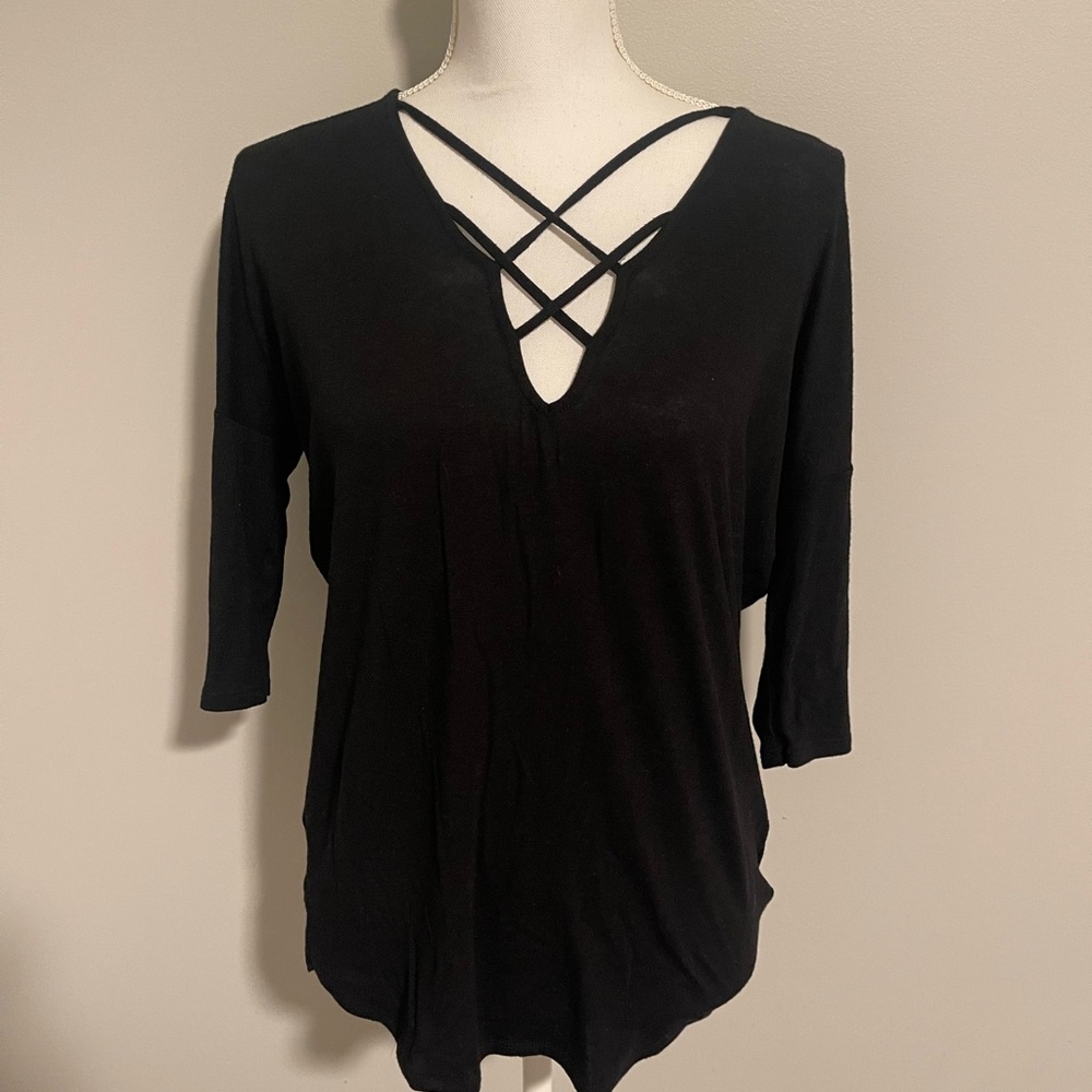Black Crisscross V-Neck Women's Top